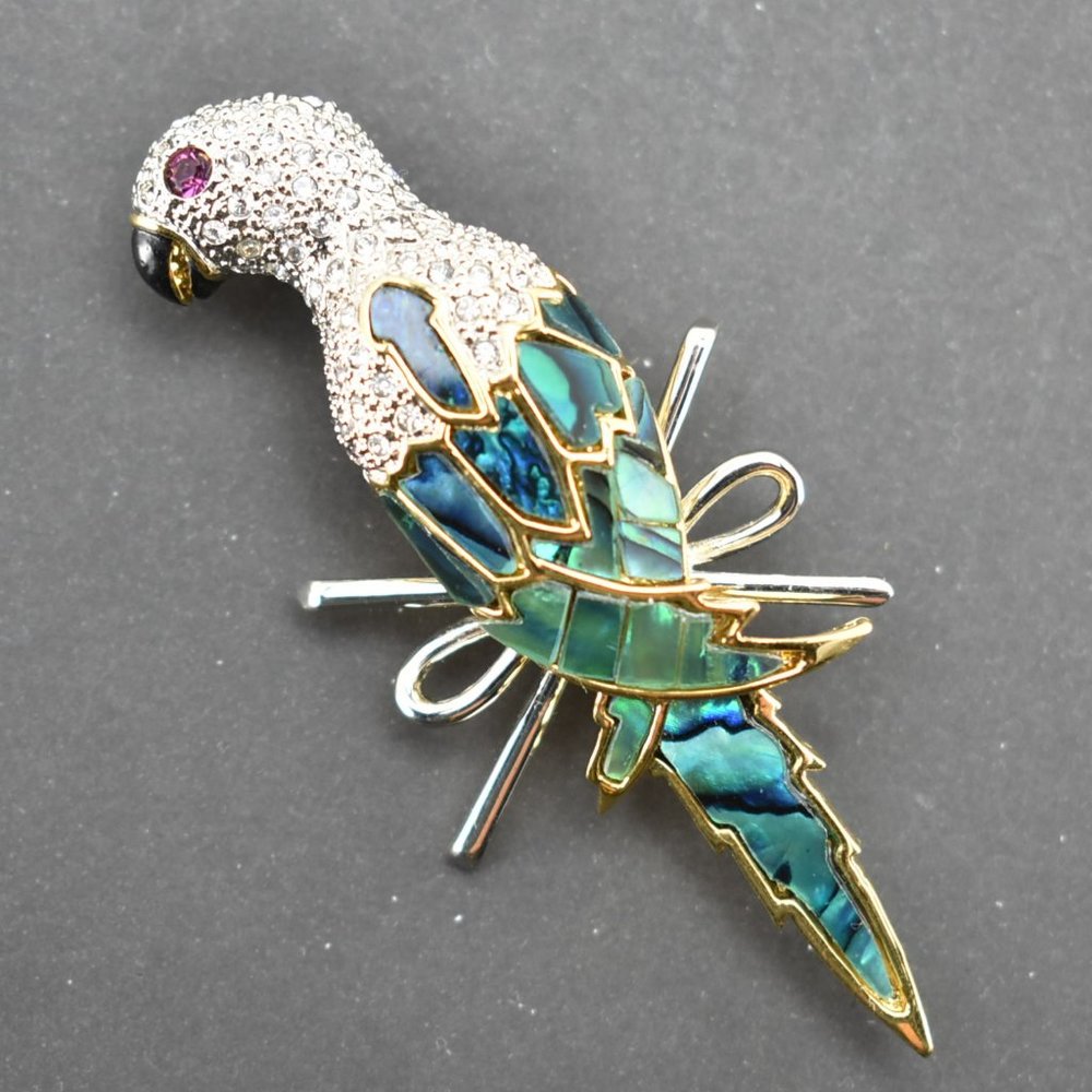 Parrot Brooch in Gold Tone with Abalone Shell and Crystals